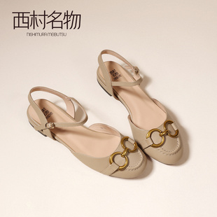 西村名物2026法式复古风真皮包头凉鞋女金属扣一字带低跟百搭女鞋