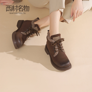 西村名物2025秋冬复古真皮显瘦短靴加绒加厚雪地靴女48271