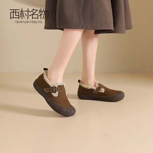 西村名物冬季新款软底真皮平底百搭美拉德加绒毛绒勃肯鞋毛毛鞋女
