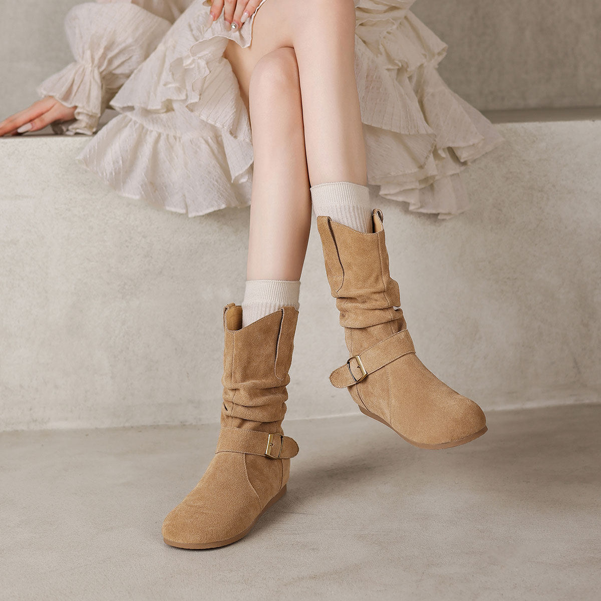 西村名物欧美复古加绒西部靴女2025冬季新款皮带扣百搭短筒堆堆靴,女鞋,西部靴,淘宝优惠券,粉丝福利购,淘宝优惠卷