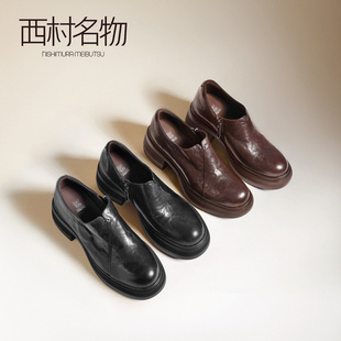 西村名物2026年春季黑色新款深口单鞋圆头粗跟厚底鞋子侧拉链女鞋