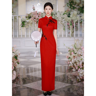 新中式 红色高弹修身 演出服 长款 江南春天原创绝美走秀旗袍2025新款