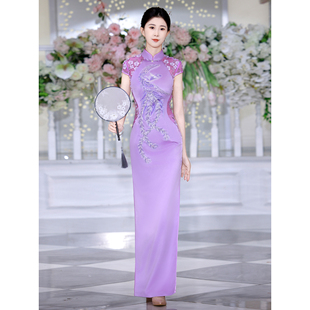 演出服 新中式 江南春天紫凤凰高端刺绣长款 舞台走秀旗袍2025年新款