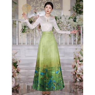 新中式 汉服半身裙舞台走秀表演服女 绿色千里江山马面裙2025年新款