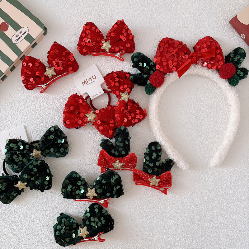 可爱圣诞鹿角亮片蝴蝶结发夹立体全包发卡圣诞节日红色发绳发饰