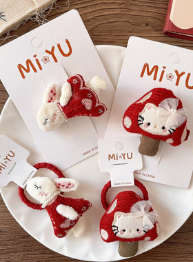 韩版红色可爱卡通kt猫咪蘑菇儿童发夹发绳立体充棉兔子边夹发圈