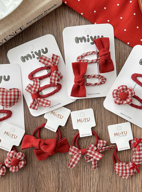 韩版新款红色格子学院风蝴蝶结刘海bb夹发夹女孩百搭甜美发绳发圈