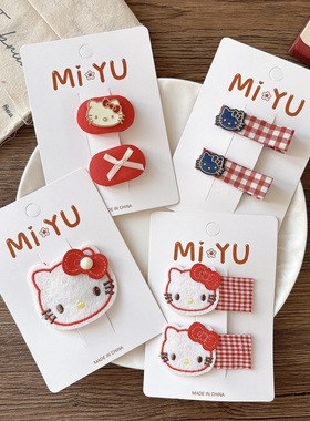 韩版新款红色格子布艺kt女孩侧边发夹发卡百搭儿童可爱猫咪边夹