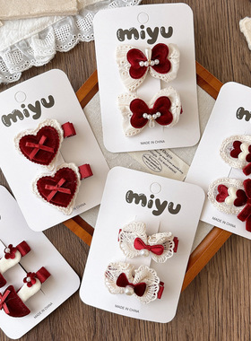 韩版甜美红色丝绒蕾丝蝴蝶结侧边压夹女孩百搭红色小香风刘海发夹