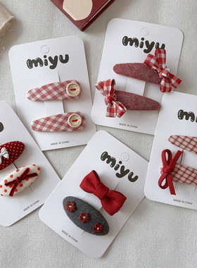 新款甜美百搭布艺格子蝴蝶结女孩BB夹刘海发夹复古红色亲子发卡