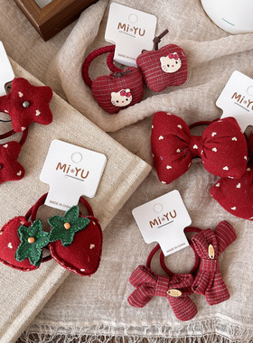 韩版新款甜美百搭红色蝴蝶结发绳女孩马尾皮筋儿童丸子头发圈