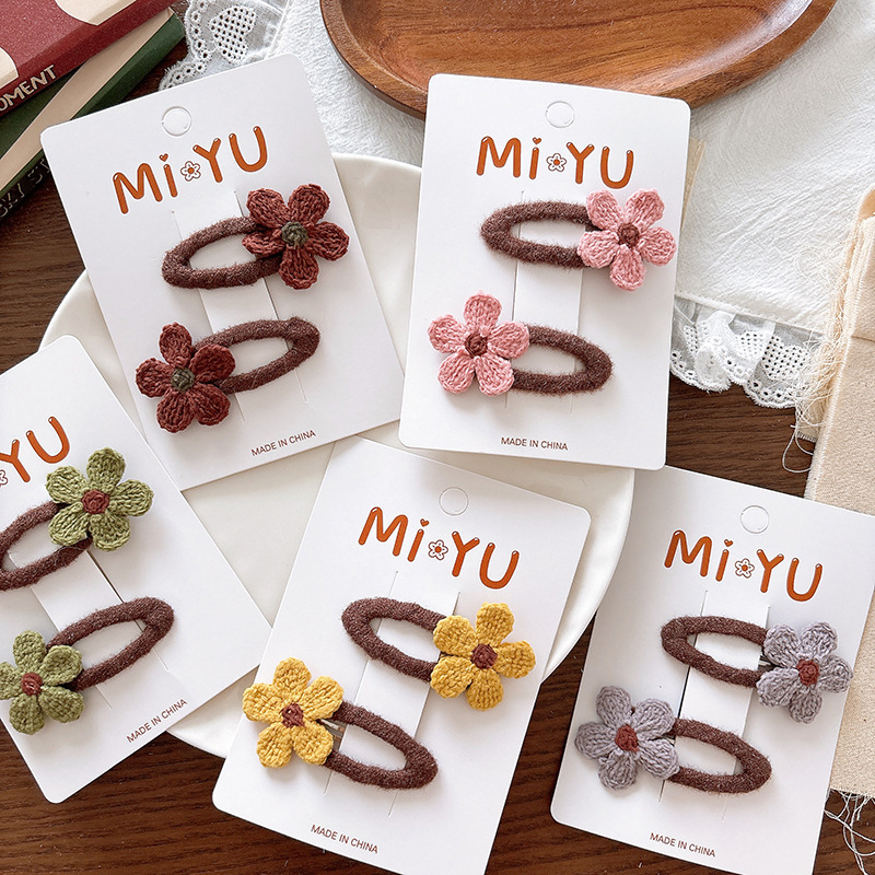 韩版早秋儿童花朵bb夹白色深色毛线针织小花刘海发夹可爱发卡发饰