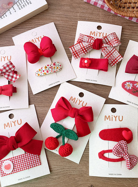 新款红色系新年节日甜美喜庆蝴蝶结布艺发夹格纹百搭儿童少女发饰
