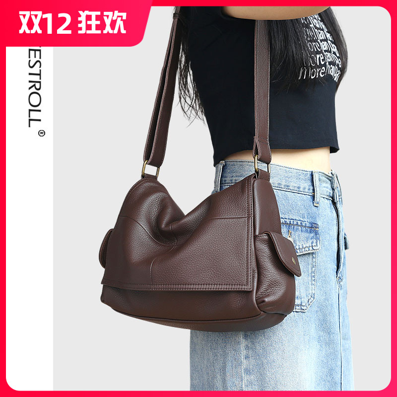 自由漫步复古翻盖包真皮休闲女包