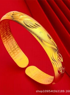 【掉色慢】越南沙金色黄铜镀金色锌合金龙凤呈祥戏珠开口手镯爆款