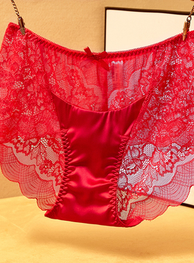 本命年红色内裤女士中高腰莫代尔蕾丝性感大码胖mm纯棉裆三角裤头