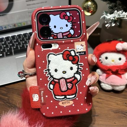 新年红色刺绣凯蒂新款适用苹果17Pro手机壳iPhone16max13小米15华为mate80pura70k90Reno14荣耀400x200magic7