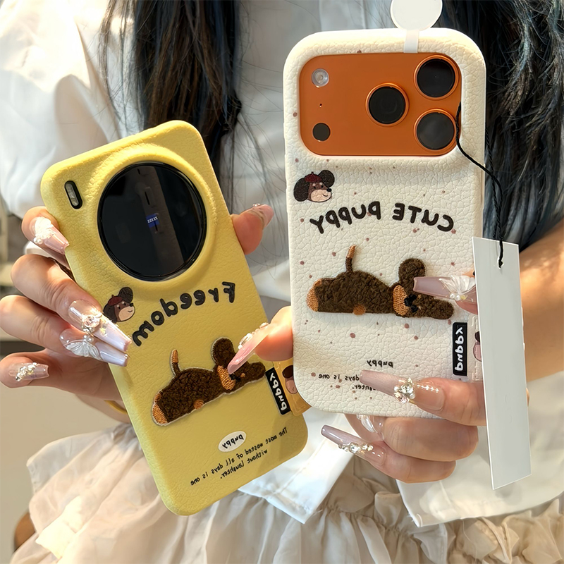 秋冬刺绣小狗标签新款适用苹果17Pro手机壳iPhone16max12小米15华为mate80pura70k80note14荣耀400x100nova13