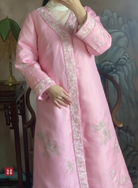 中国风复古粉紫色真丝手工苏绣盘银绣百合花汉元素旗袍羽绒服外套