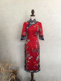 原创新中式 夏姿大红真丝纯手工苏绣刺绣小鹿如意边旗袍礼服敬酒服