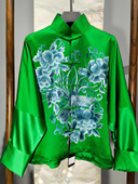 新中式 国风翡翠绿真丝手工苏绣京绣刺绣凤凰牡丹图蝙蝠袖 旗袍外套