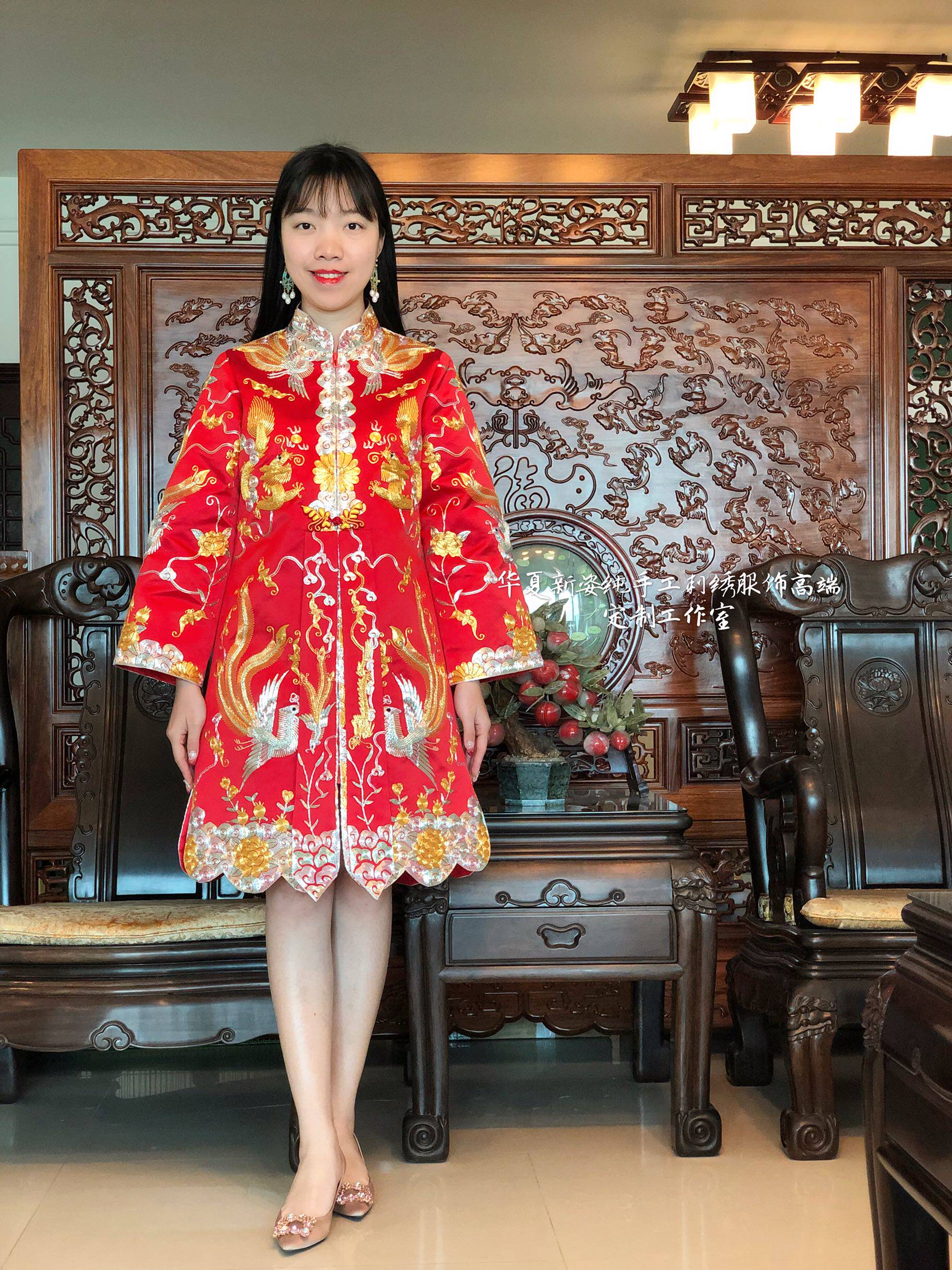 高级定制女装复古中国风大红色纯手工盘金绣长款广袖龙凤褂旗袍裙