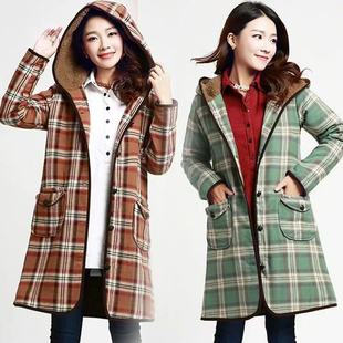 大码 女装 秋冬季 妃蝶轩 格子连帽棉衣外套 清仓 中长款 106 反季