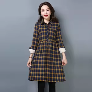 妃蝶轩【断码清仓】大码女装秋冬季加绒加厚保暖格子连衣裙 5883