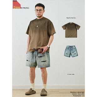 刀割工艺 夏季美式重水洗做旧补丁工装 破洞牛仔短裤男士五分裤男