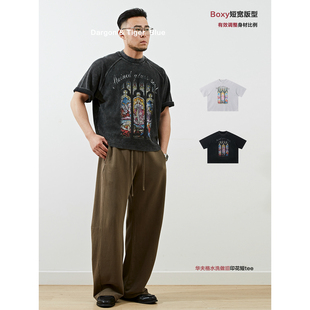 夏季新品 boxy版型华夫格洗褪做旧插肩宽松印花T恤男款