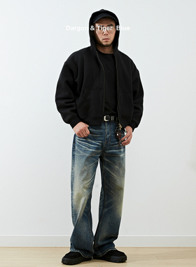 夯货A字牛王 美国康龙13oz美式复古宽松阔腿微喇深蓝色牛仔裤男潮