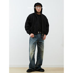 男潮 复古宽松阔腿微喇深蓝色牛仔裤 夯货A字牛王 美国康龙13oz美式