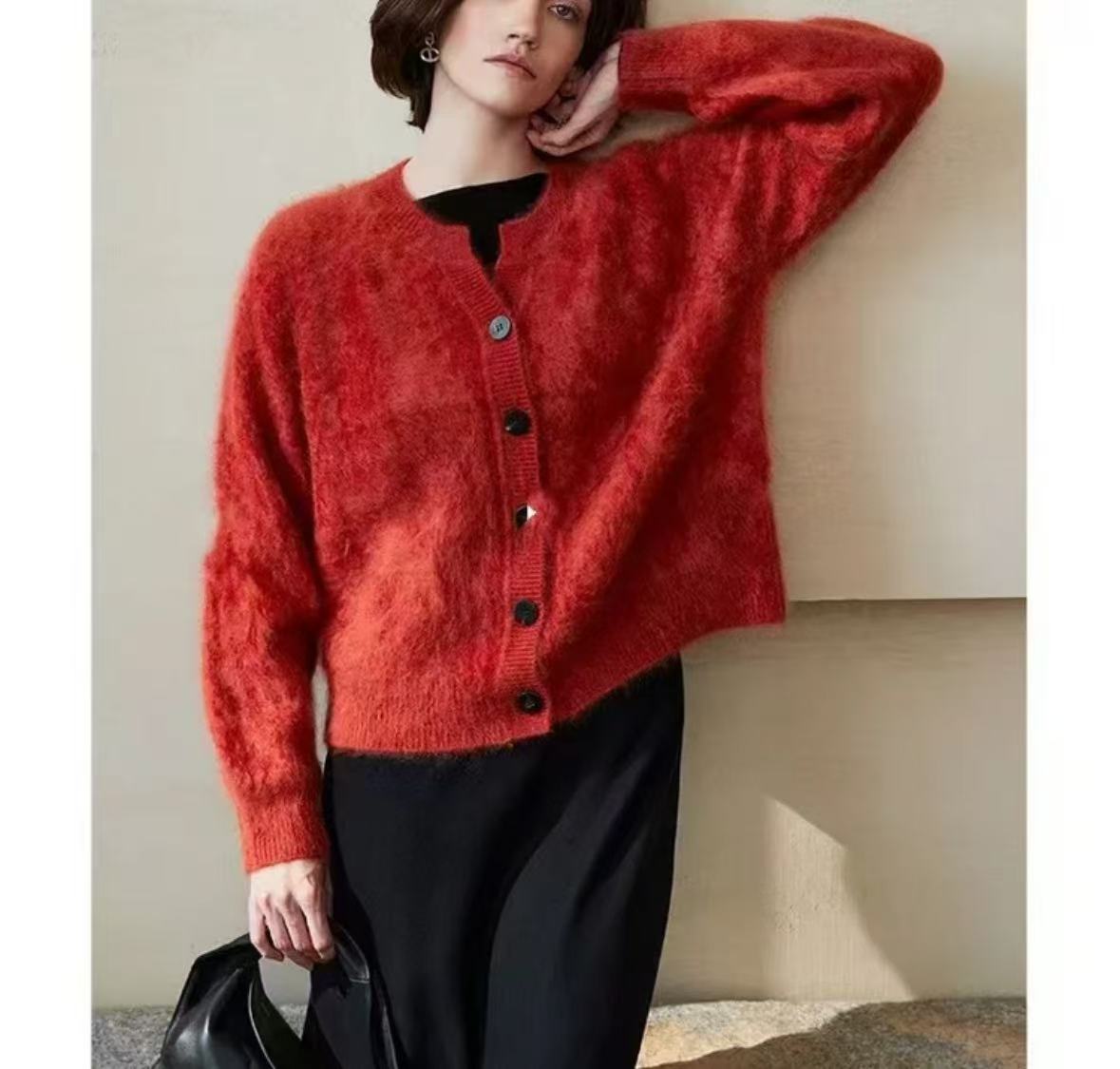 小禾家花纱宽松型落肩袖毛边花纱针织羊绒衫宽松百搭复古网红