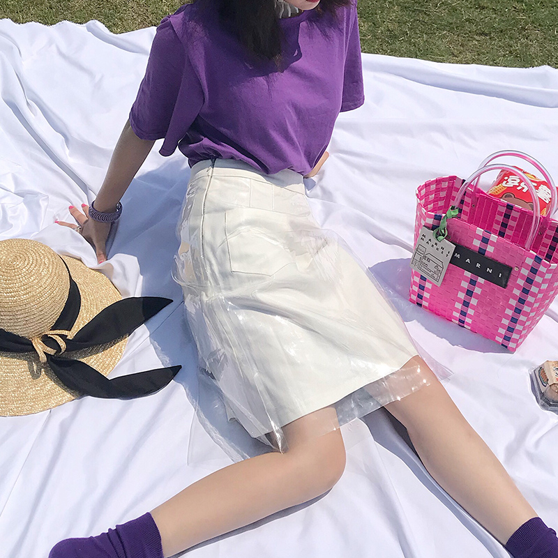 DANER 透明PVC半身裙女2018新款高腰a字裙假两件夏装包臀学生短裙