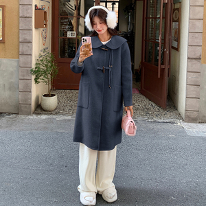 粉色娃娃领双面呢羊绒大衣女2025冬新款韩系超好看牛角扣毛呢外套图片