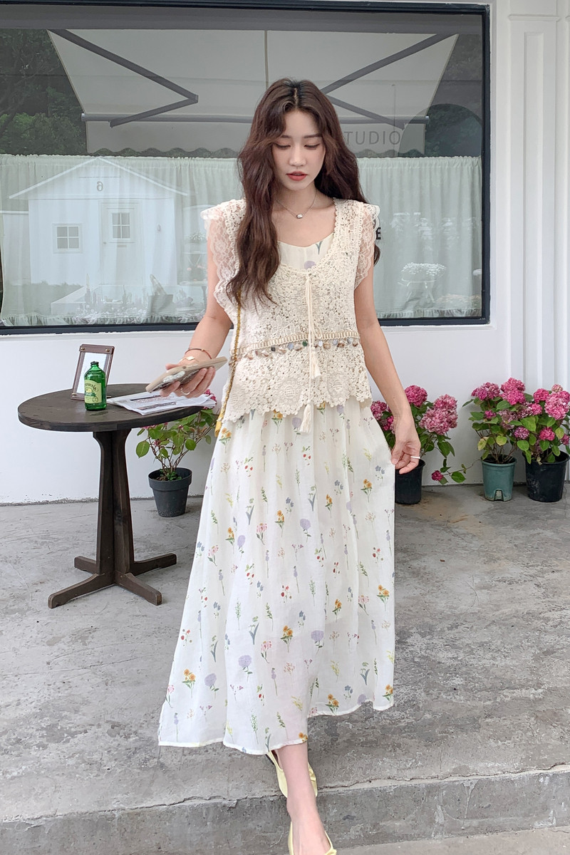 蕾丝花边罩衫碎花吊带连衣裙套装女夏2025新款独特漂亮艺术感穿搭,女装套装/套裙,世纪海洋