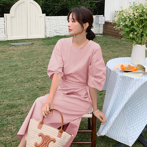 【现货】夏季纯色圆领中袖松紧束带连衣裙155-611-P115K165图片