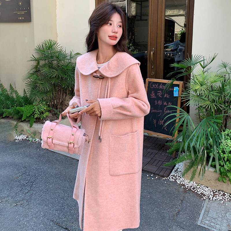 粉色娃娃领双面呢羊绒大衣女2025冬新款韩系超好看牛角扣毛呢外套,女装毛呢外套,世纪海洋