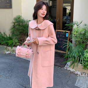 粉色娃娃领双面呢羊绒大衣女2025冬新款韩系超好看牛角扣毛呢外套图片