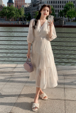 莱赛尔天丝连衣裙2025夏季新款收腰显瘦白色法式优雅刺绣V领长裙，女装连衣裙，世纪海洋