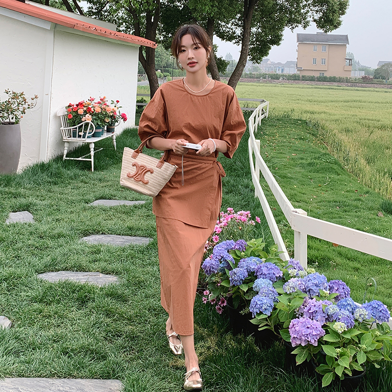 夏季纯色圆领中袖松紧束带连衣裙155-611-P115K165，女装连衣裙，世纪海洋