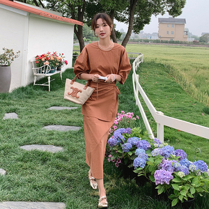 夏季纯色圆领中袖松紧束带连衣裙155-611-P115K165,女装连衣裙,世纪海洋