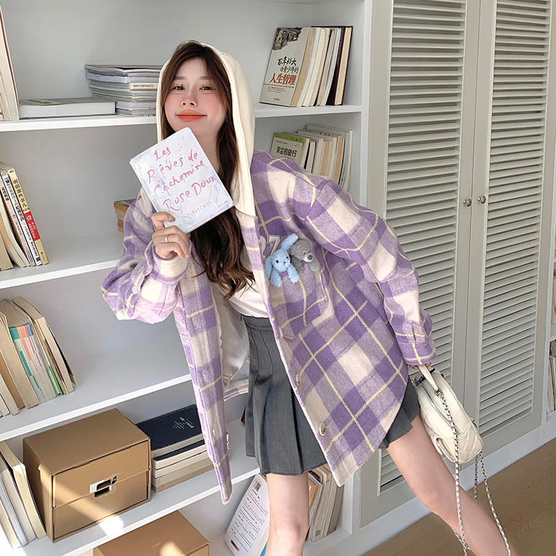 【现货】毛呢连帽格子宽松外套155-8647-P190K265,女装短外套,世纪海洋