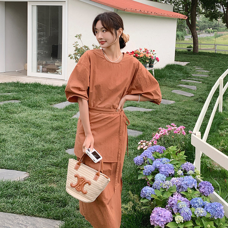 【现货】夏季纯色圆领中袖松紧束带连衣裙155-611-P115K165,女装连衣裙,世纪海洋
