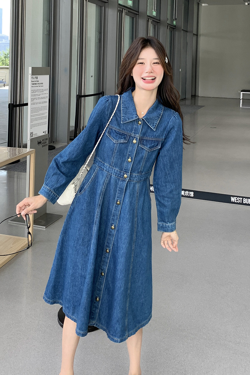 法式气质减龄Polo领牛仔连衣裙女2025春秋季新款收腰显瘦长袖长裙,女装连衣裙,世纪海洋