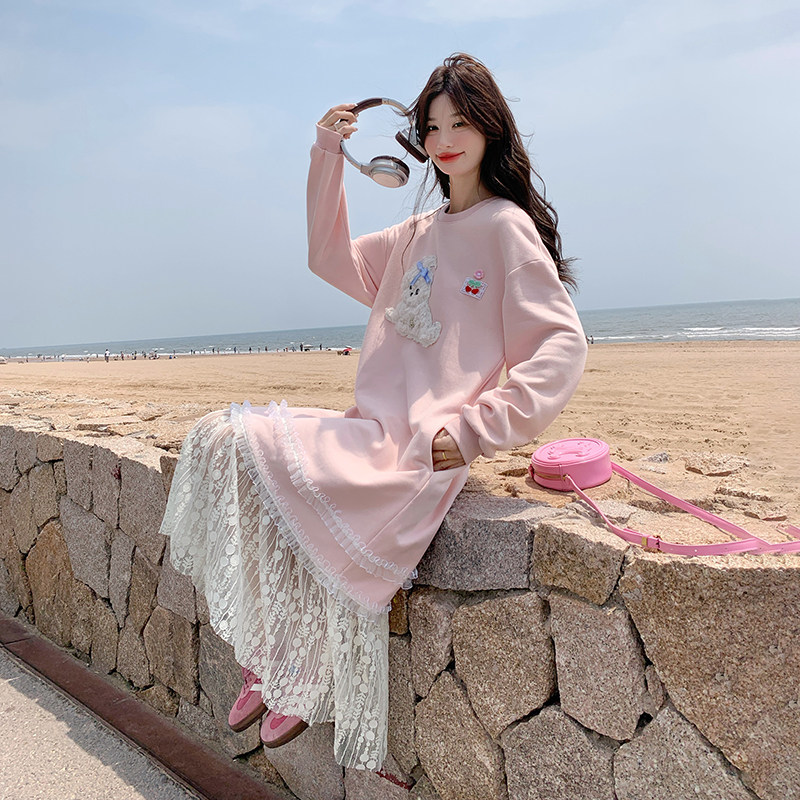 长袖常规娃娃领长裙少女风连衣裙洋气百搭针织加绒蕾丝时尚宽松,女装连衣裙,世纪海洋