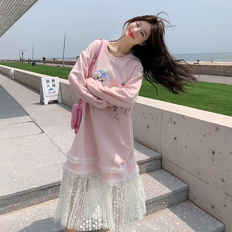 长袖常规娃娃领长裙少女风连衣裙洋气百搭针织加绒蕾丝时尚宽松,女装连衣裙,世纪海洋