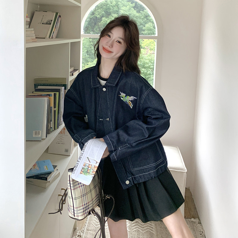 翻领刺绣牛仔外套女春2025新款减龄百搭小个子洋气显瘦夹克上衣,女装短外套,世纪海洋