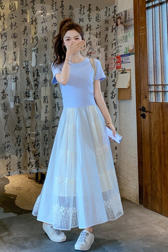 假两件针织蕾丝拼接连衣裙女夏2025新款特别漂亮掐腰裙子绝美洋气,女装连衣裙,世纪海洋