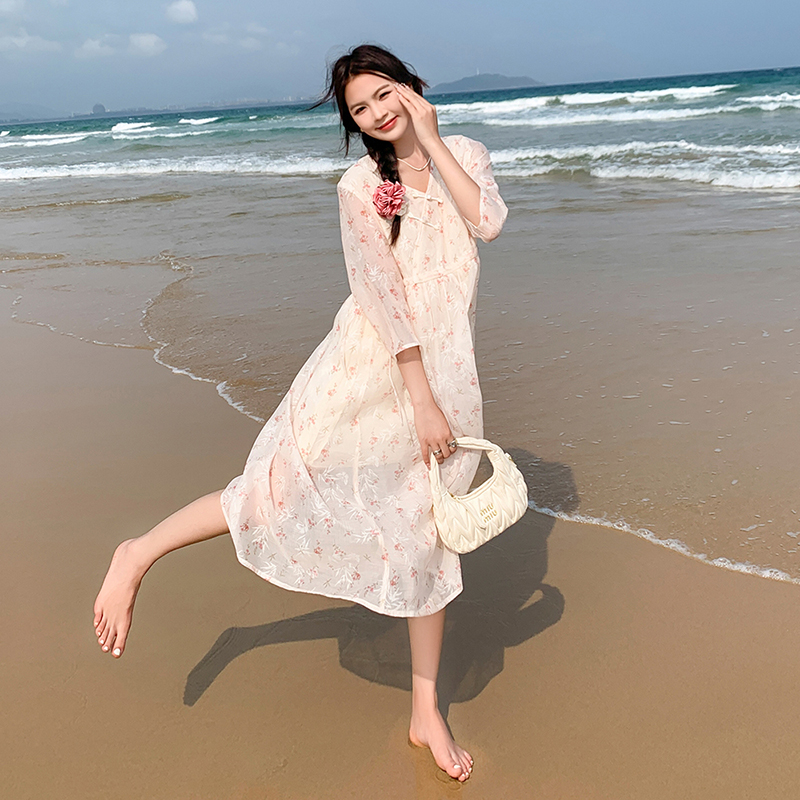 【现货】2024夏季新中式盘扣斜领碎花连衣裙155-603-P105K15，商品下架区商品下架区，世纪海洋